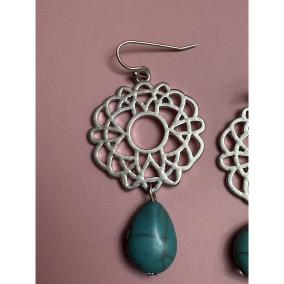 Silvertone Filigree Howlite Teardrop Dangle Earrings 1.5 Inch - Picture 4 of 5